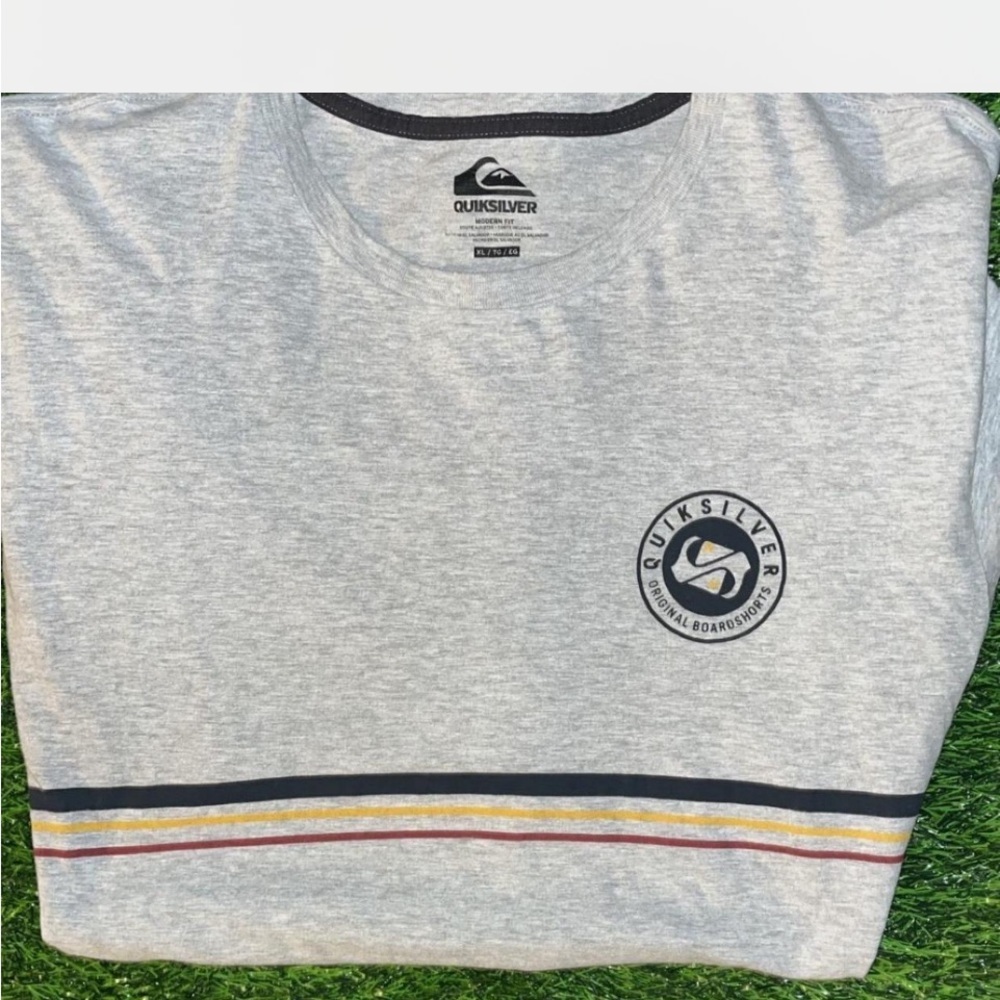 Quiksilver Men's Light Gray Short Sleeve Tee with Navy, Yellow & Red Stripes